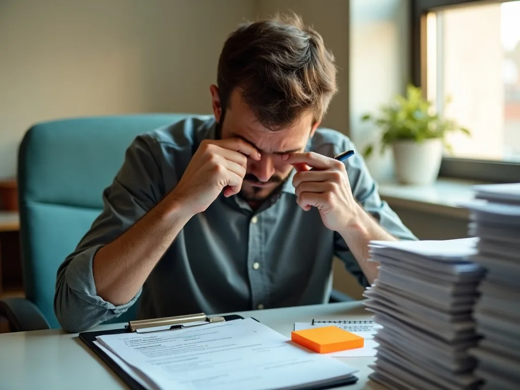 A weary manager pinching his brow over a clipboard of nomination forms