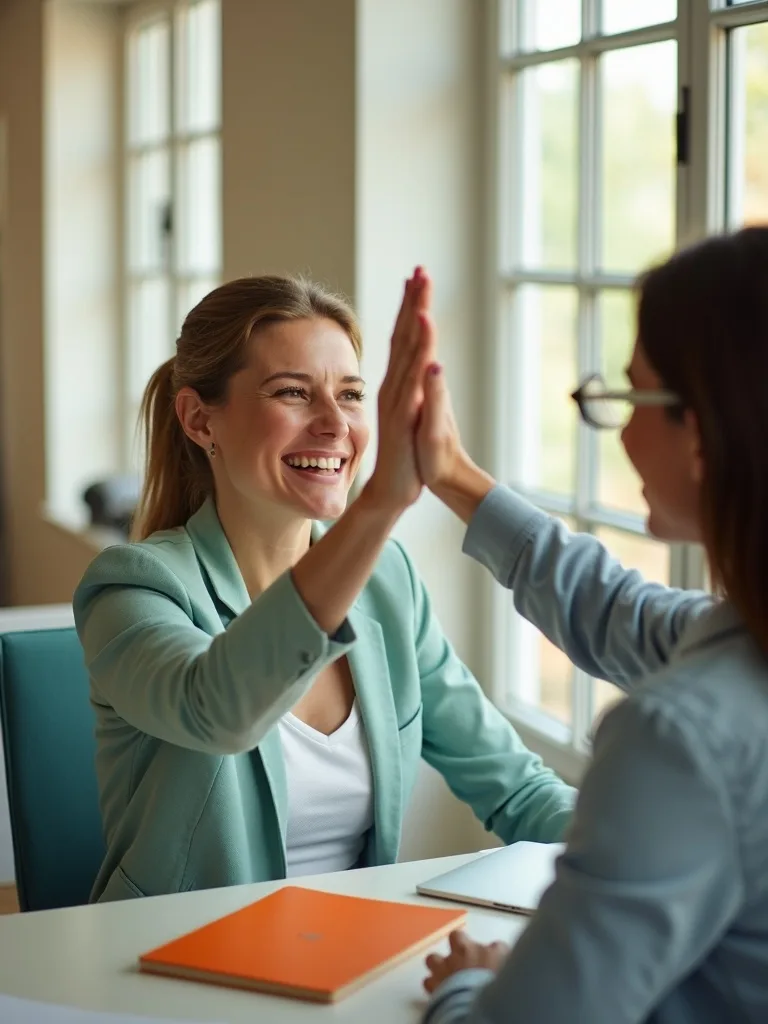 Two colleagues sharing a high-five over a desk in a bright office